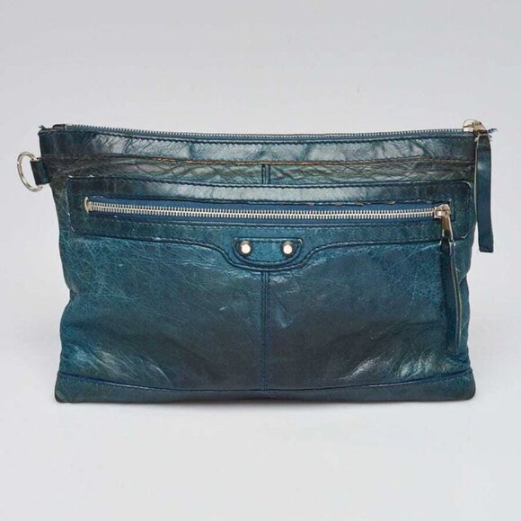 Balenciaga Bleu Mineral Lambskin Leather Giant 12 Silver Clip Clutch Bag - Picture 1 of 10